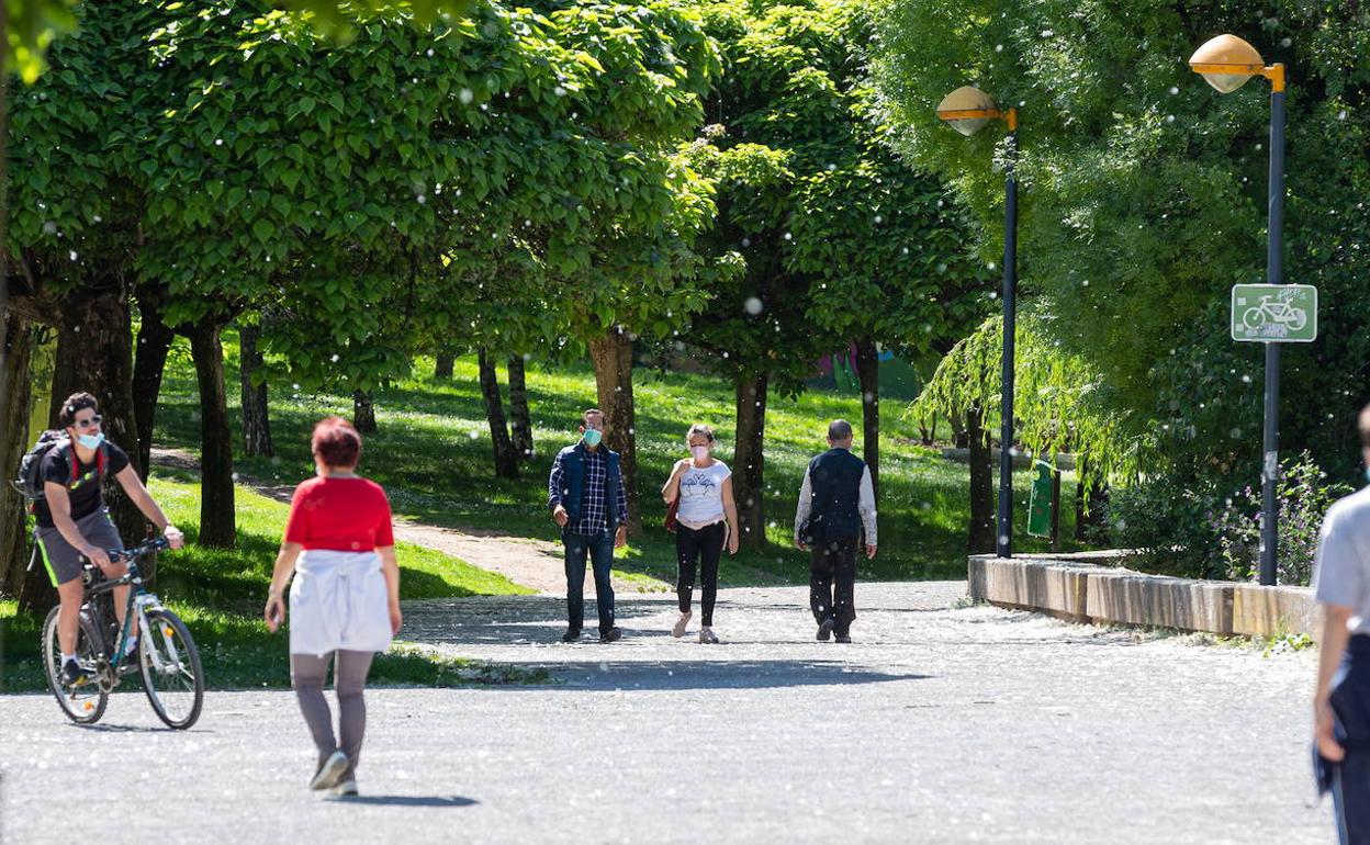 Gente caminando y andando en bicicleta en el parque del Ebro