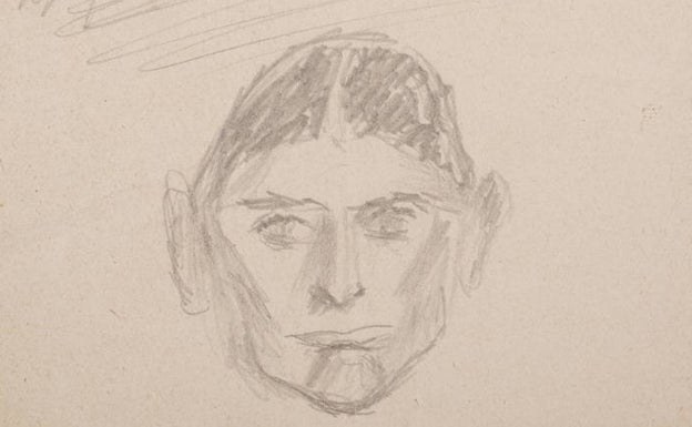 Detalle de un autorretrato de Kafka bajo un dibujo de su madre 