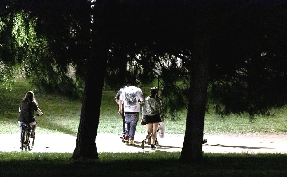 Un grupo de jóvenes, en el parque del Ebro la noche de este sábado. 