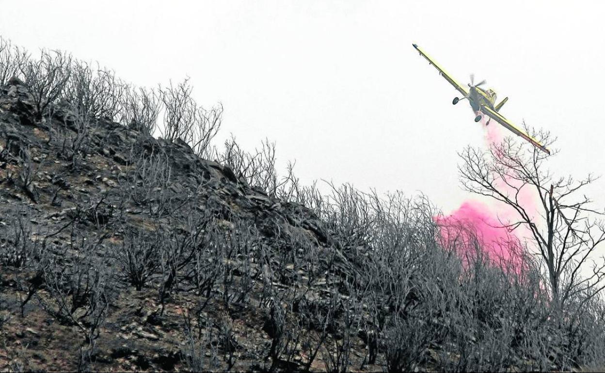 Año 2009. Una avioneta lanza líquido sobre las llamas en el incendio de septiembre.