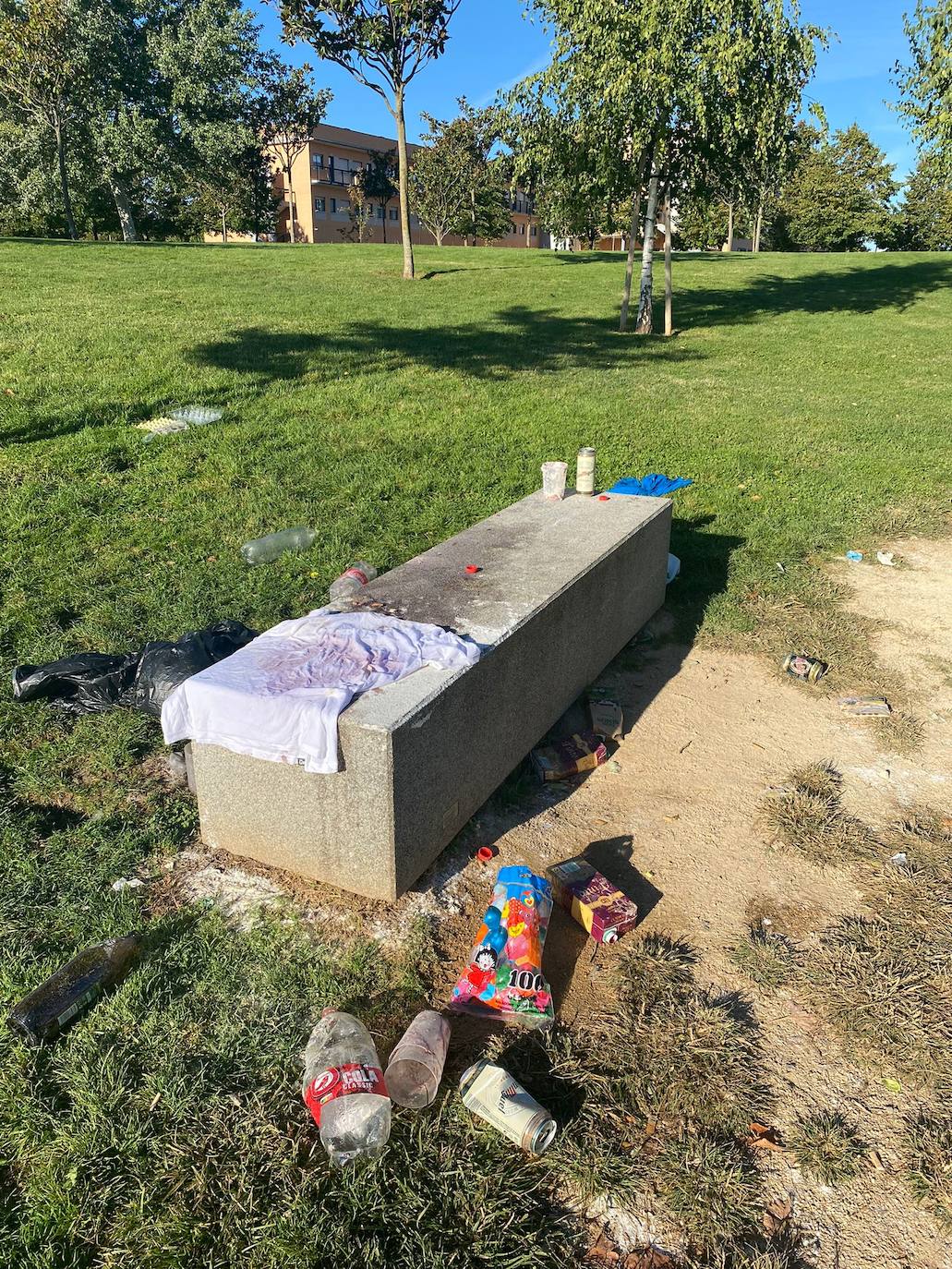 A pesar de su prohibición en el campus, las novatadas universitarias siguen siendo un hecho en el parque de La Ribera, donde los participantes abandonaron los restos de los juegos con los que 'reciben' a los universitarios. 