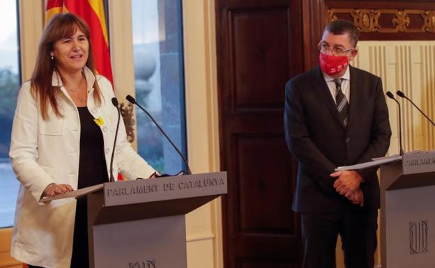 La presidenta del Parlament de Cataluña, Laura Borràs y el presidente de las Corts Valencianes, Enric Morera 