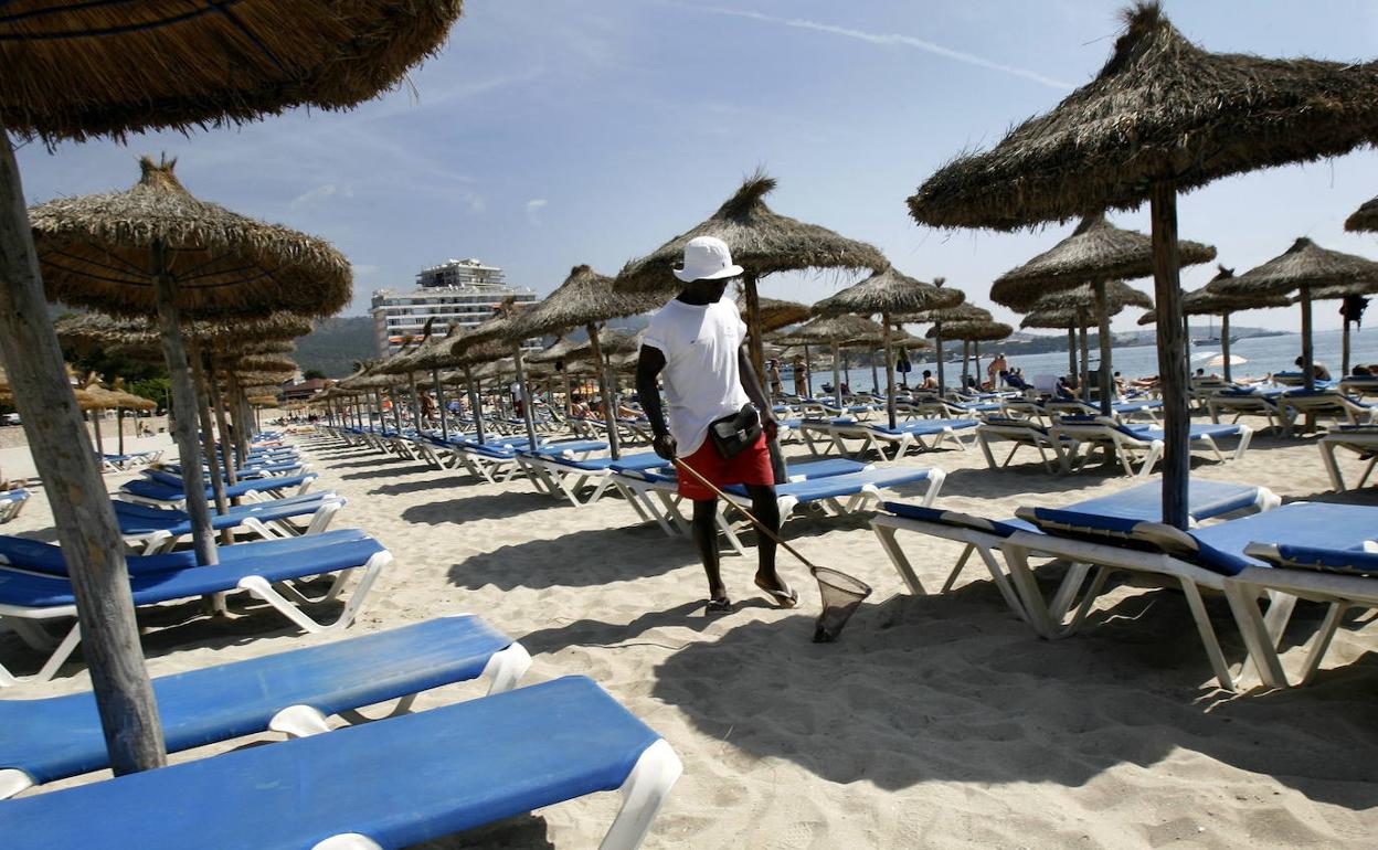 Operario limpia la playa de Calviá, la Isla de Mallorca, con poca presencia de turistas. 