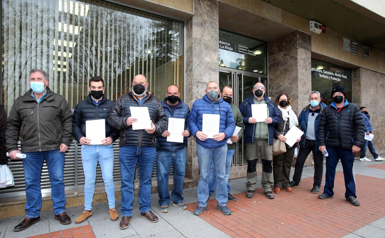 Agricultores de la zona del Moncalvillo entregaron ayer centenares de denuncias en la Consejería de Agricultura, en Logroño. 