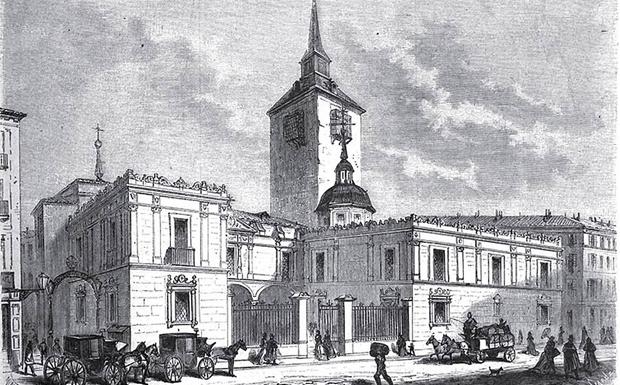 Imagen principal - Arriba, grabado de la fachada de la iglesia de San Ginés, en la calle del Arenal de Madrid. Obra de Fernando Miranda, publicada por 'La Ilustración Española y Americana'. Abajo, actas de juntas de la Real e Ilustre Congregación de Nuestra Señora de Valvanera de Naturales y Oriundos de la Provincia de La Rioja. 