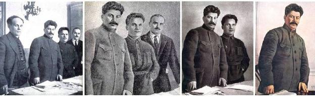 En la foto original, de izquierda a derecha, Nikolai Antipov (antiguo Comisario del Pueblo para Correos y Telégrafos de la URSS), Joseph Stalin, Sergei Kirov y Nikolai Shvernik. Cada uno de los integrantes de la foto original fue eliminado a medida que caía en desgracia. 