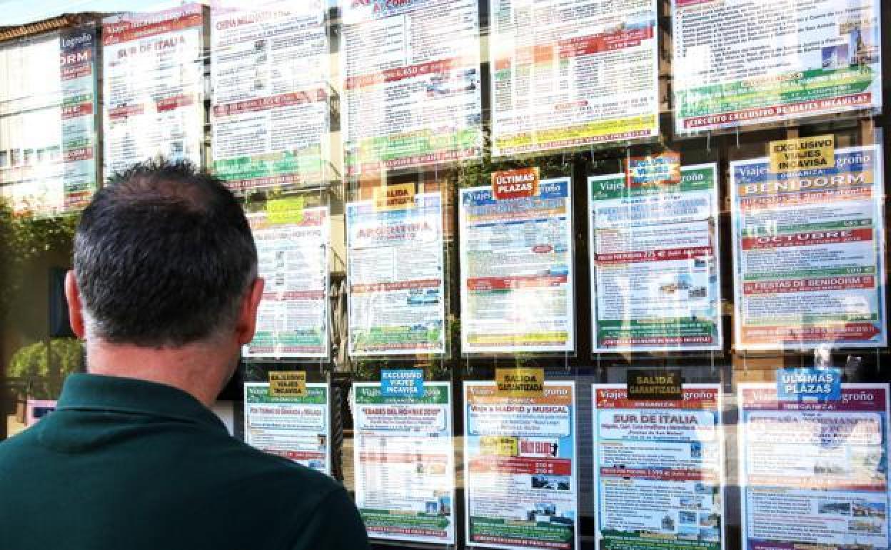 Un cliente mira el escaparate de una agencia de viajes logroñesa. 