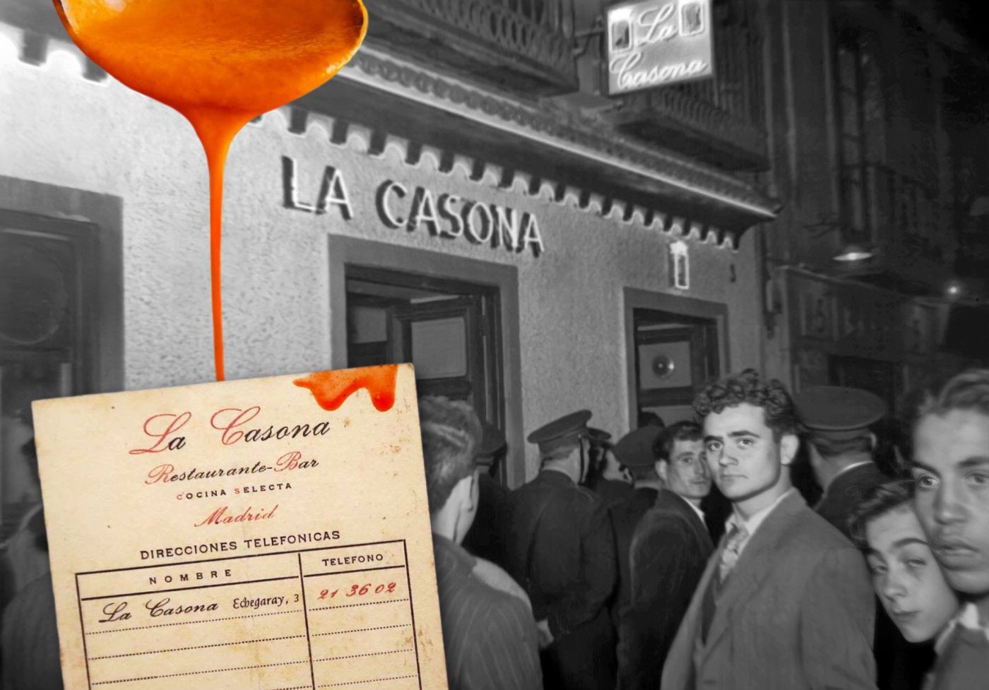 Tarjeta de 'La Casona' y fotografía de la taberna en 1955. 