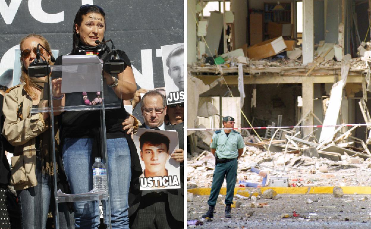 A la izquierda, Toñi Santiago, que fue quien sacó a su hija sepultada bajo los escombros, en unos de los actos que ha ido celebrando estos años en memoria de su hija y del resto de las víctimas del terrorismo. A la derecha, imagen de la devastación causada por el coche bomba con 40 kilos de explosivos que ETA estalló contra el cuartel de la Guardia Civil.