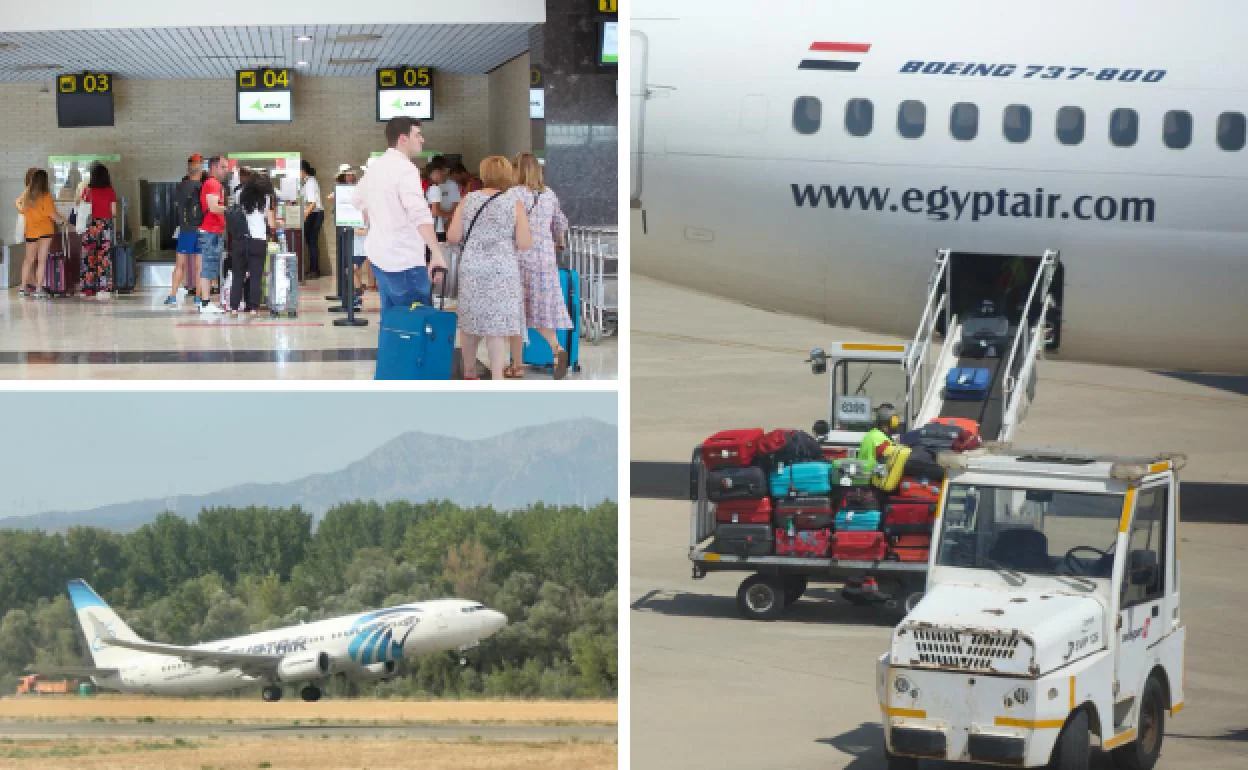 Pasajeros hacen fila en la terminal para facturar sus equipajes rumbo a Egipto. 