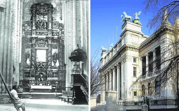 El altar mayor, con el retablo barroco, a comienzos del siglo XX, y el Real Museo de Bellas Artes de Amberes.