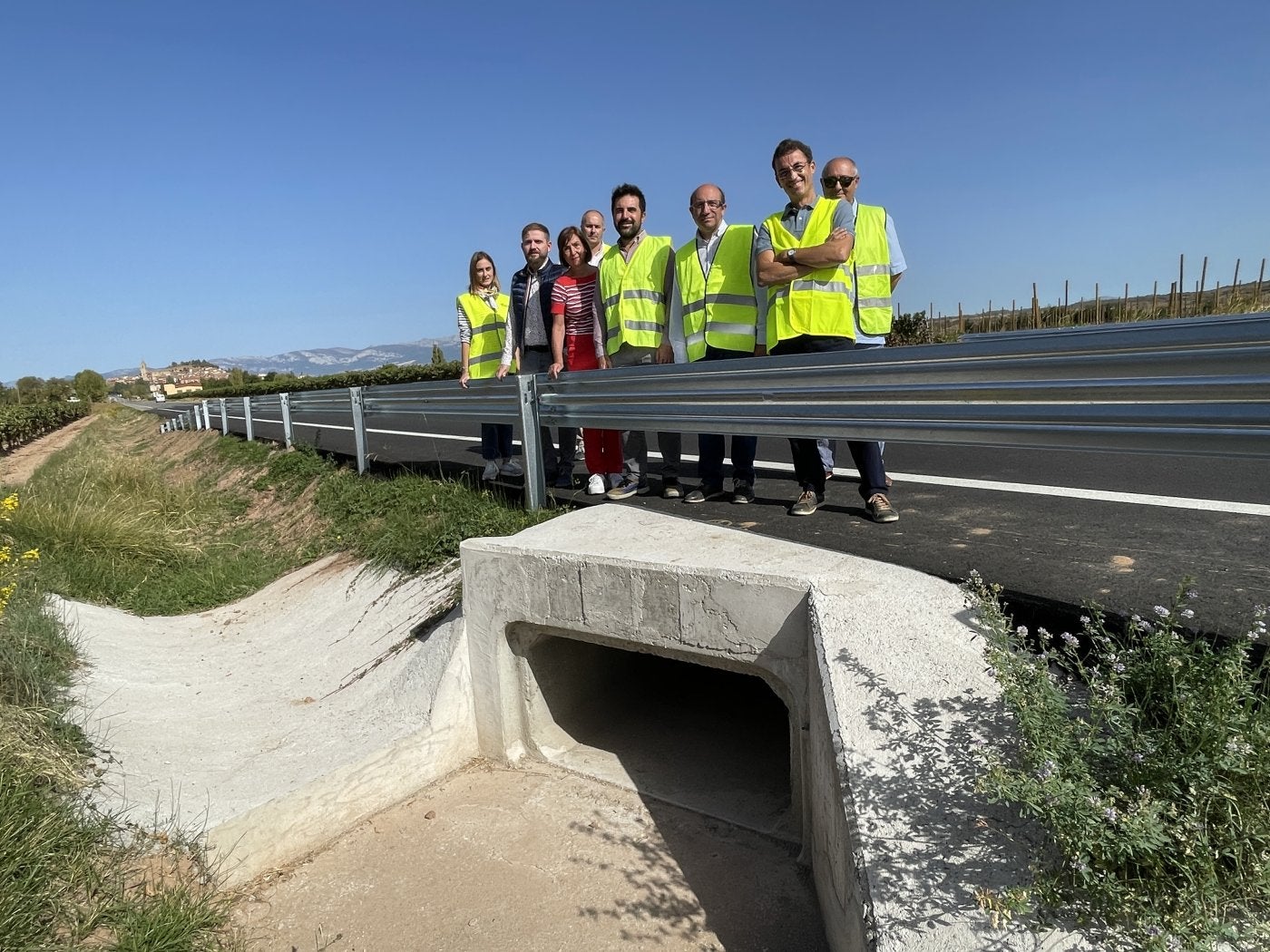 Las autoridades posan sobre uno de los pasos de agua de la LR-137. 