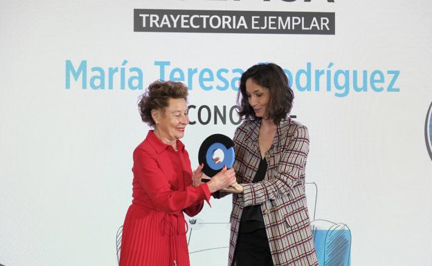 María Teresa Rodríguez recibe el premio de de Economía de manos de María Gómez, directora de Comunicación de AENA