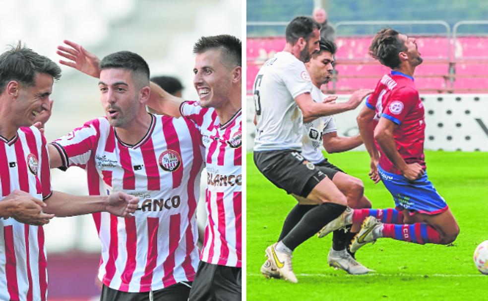 Los jugadores de la SD Logroñés celebran uno de sus goles de esta temporada. A la derecha, Santana cae durante un partido del Calahorra.