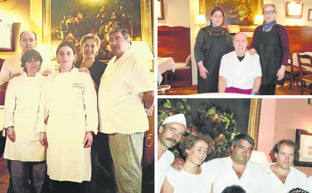 A la iquierda, Mariano, Mila, Antonio, Maribel y Laura, en una imagen en el restaurante. Arriba, Laura, Mariano y Mila. Abajo, Marcos, Mila, Antonio y Mariano, en los primeros años del local. 