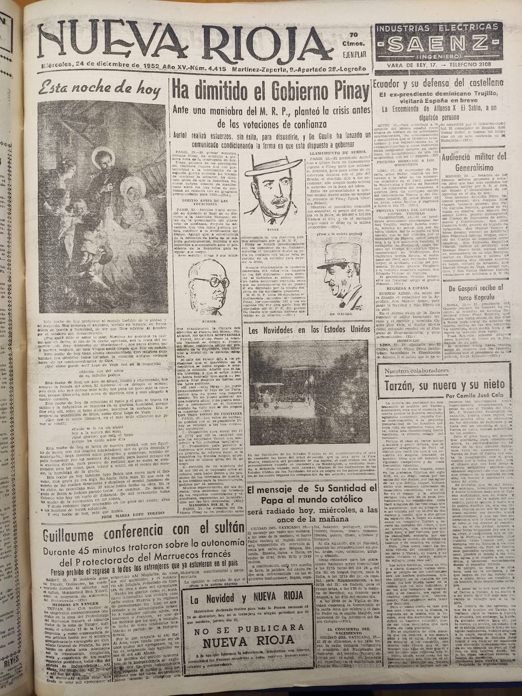 Imagen - 24 de diciembre de 1952: La dimisión del gobierno francés y una estampa navideña) en la portada de hace 70 años.