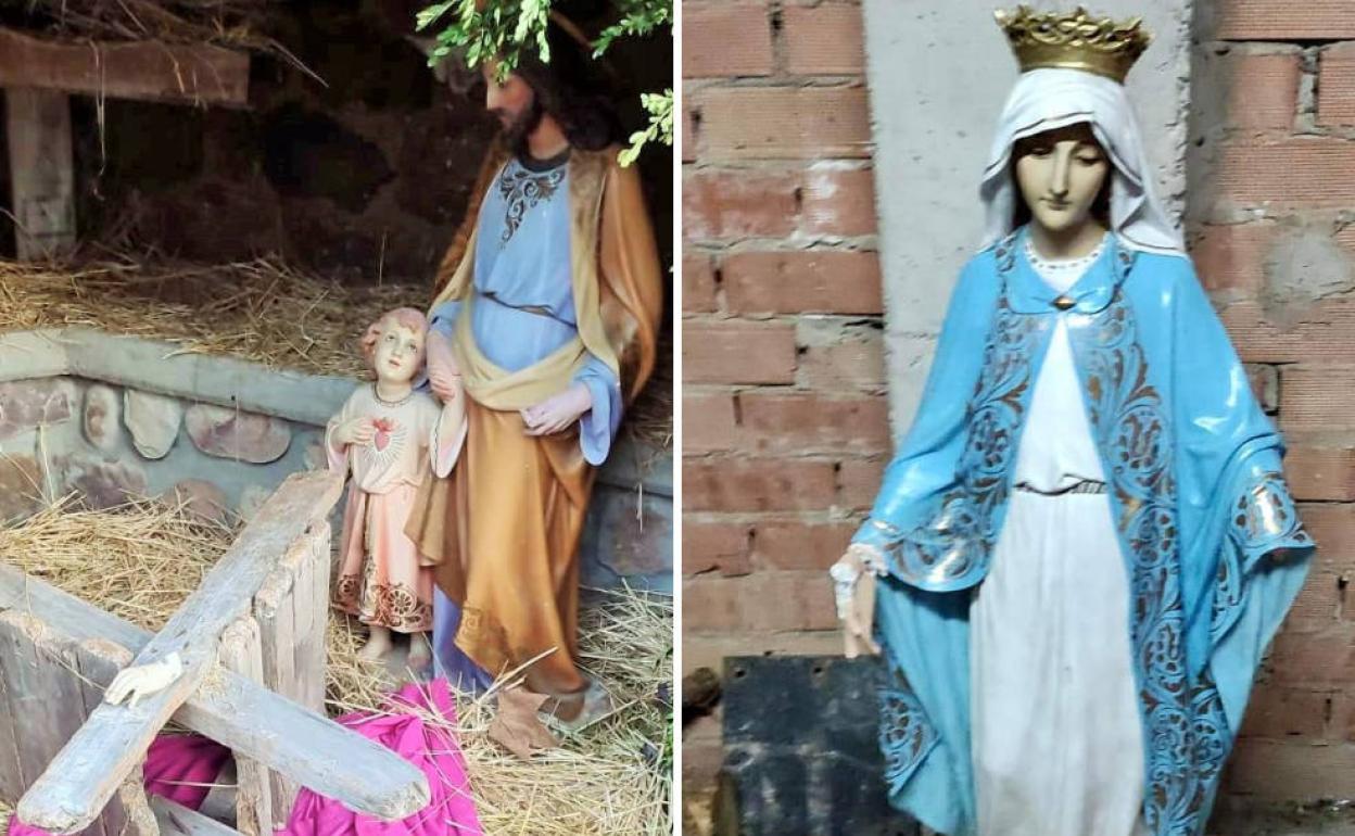 A la izquierda, el nacimiento sin imagen de la Virgen. A la derecha, la figura recuperada, con la mano rota. 