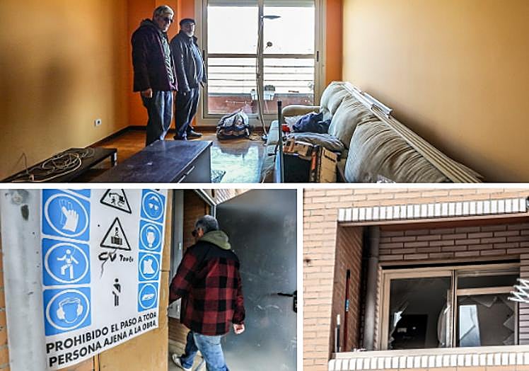 Arriba, Pedro e Iñigo observan el salón de la casa del segundo, recién pintado y aún en obras. Abajo, Pedro Navia accede al portal de edificio de la calle El Cristo y detalle del edificio.