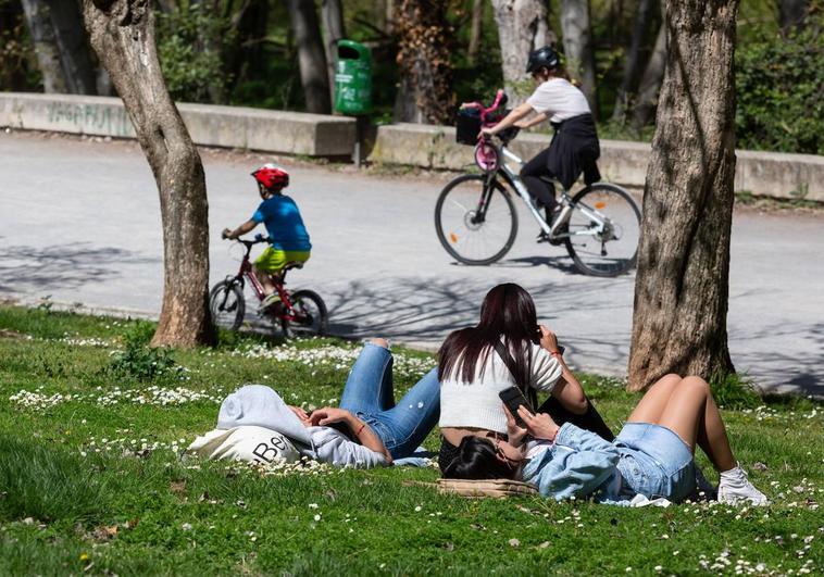 Tres jóvenes, al sol en el parque del Ebro de Logroño.