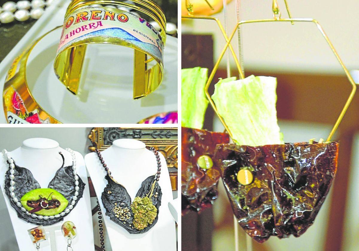 Pendientes de pimiento y lechuga; collar y pulseras con etiquetas de antiguas conserveras de Calahorra; y collares, pendientes y una pulsera realizados principalmente con hojas de lombarda