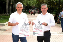 Los líderes regionales de CC OO y UGT, el pasado jueves en Logroño, posando para Diario LA RIOJA con la cartelería de este Primero de Mayo.