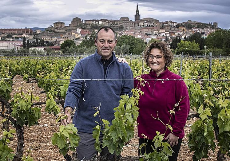 Juan Manuel y Rebeca posan en su viñedo, con Briones al fondo.