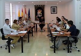 Rubén Sáenz, a la derecha, vota a favor de las liberaciones, igual que los populares, a la izquierda.