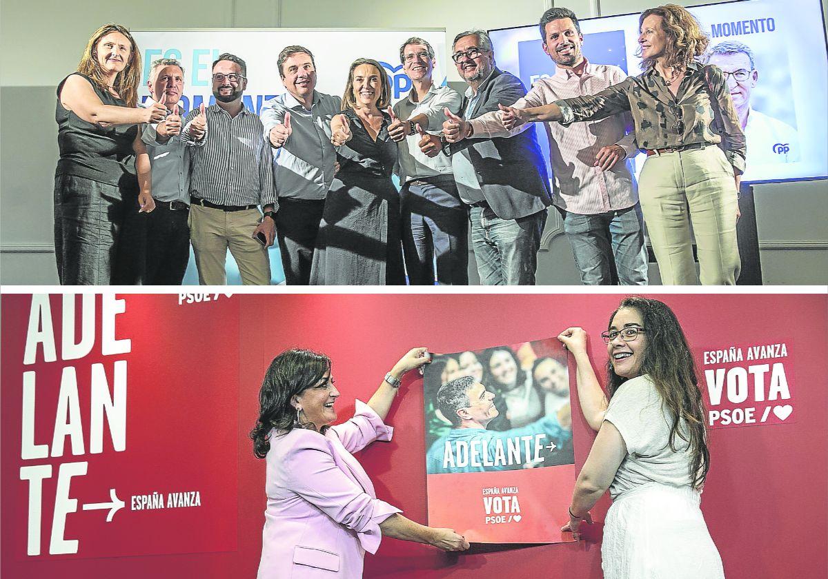 A la izquierda, Natalia Villanueva, Raúl Lavega, Javier Merino, Alberto Galiana, Cuca Gamarra, Gonzalo Capellán, Luis Martínez-Portillo, Carlos Yécora y Mar San Martín, en el inicio de la campaña. A la derecha, la cabeza de lista del PSOE al Senado, Concha Andreu, y la número uno al Congreso, Elisa Garrido, colocan en la sede un cartel electoral de Pedro Sánchez.