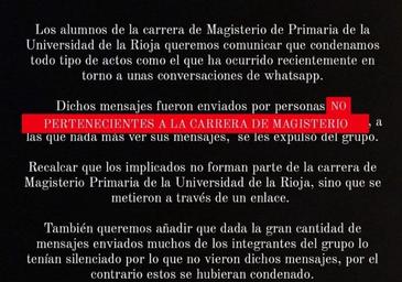 Los alumnos de Magisterio condenan los mensajes, que atribuyen a personas que no pertenecen a la carrera