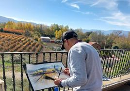 Los viñedos y sus colores típicos del otoño no faltaron en las obras de los acuarelistas ayer en Alesón.