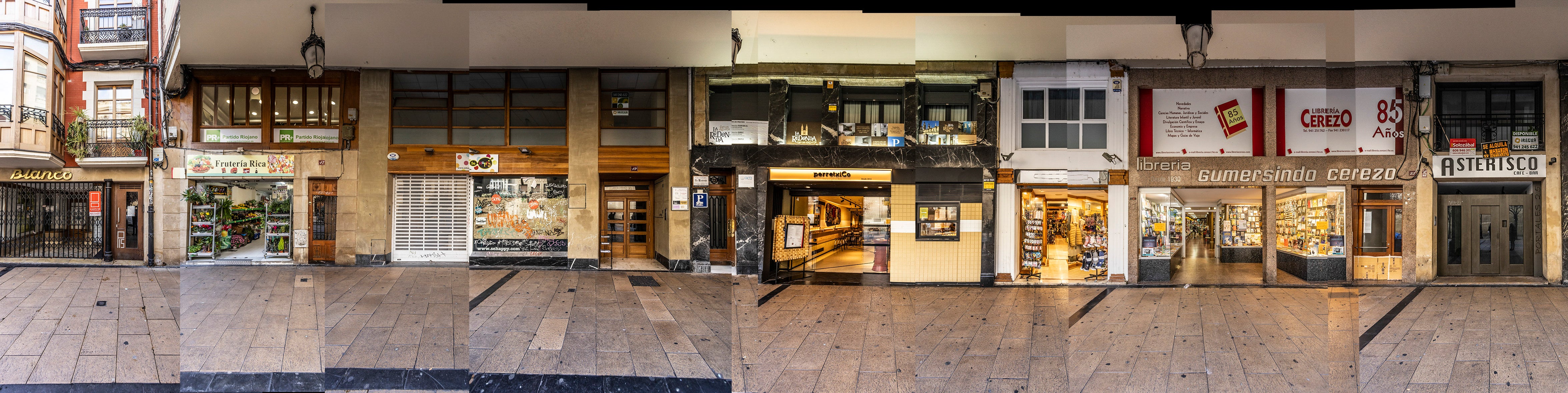 El recorrido empieza con la Frutería Rica, tienda de alimentación en el número 17 junto a un local, extienda de regalos, cerrada. Y a partir de ahí se intercalan referencias comerciales centenarias y hosteleras de nueva creación.