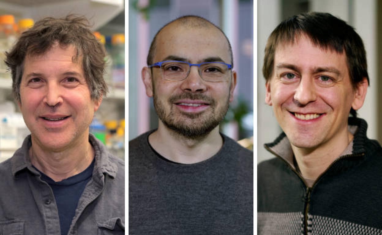 En la imagen (de izquierda a derecha) los investigadores David Baker, Demis Hassabis y John Jumper. 