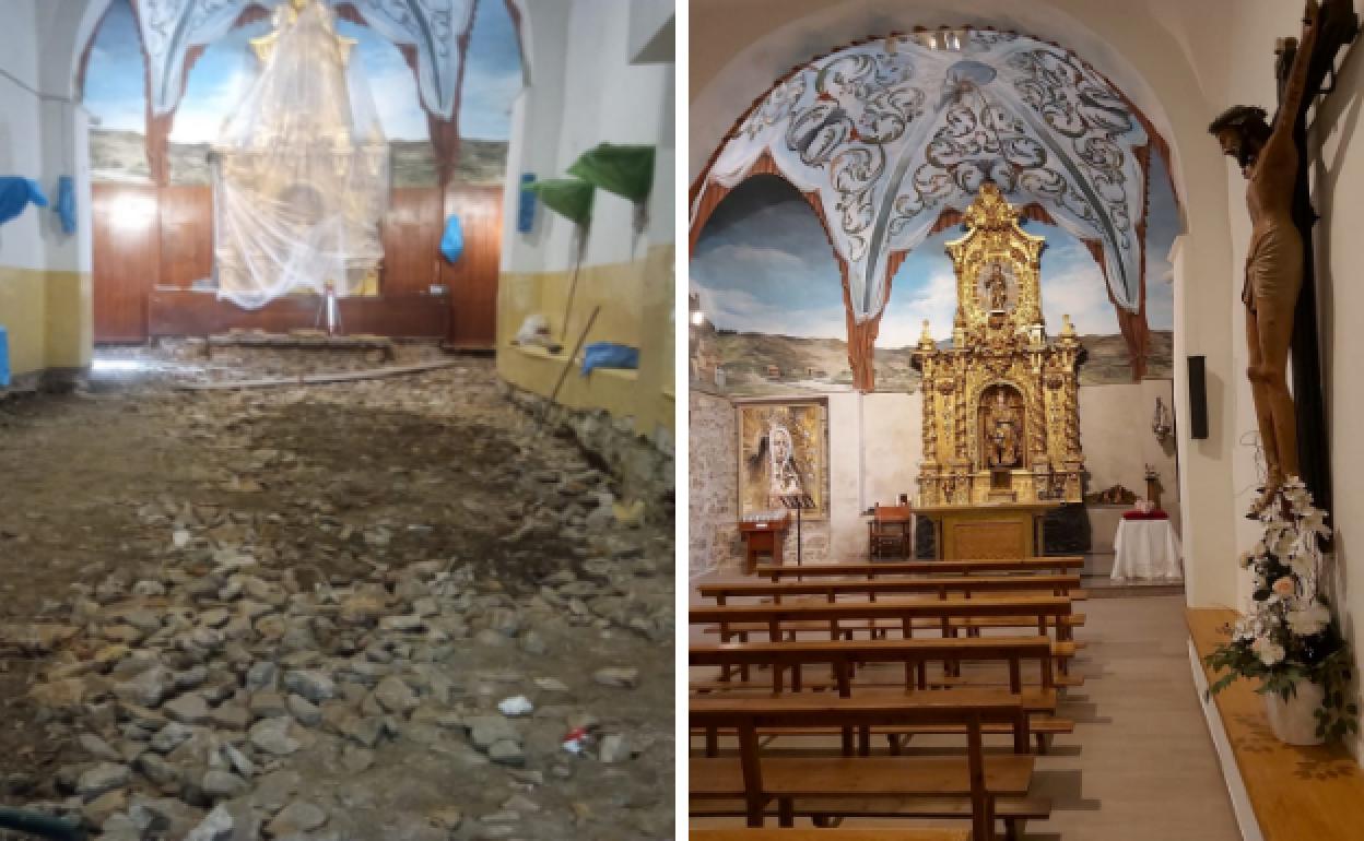 Interior de la iglesia de Santa Catalina durante las obras y después de los trabajos. 