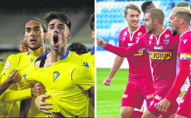 Algarra y Rufo festejan sendos goles con el Cádiz B y el Sandefjord. 