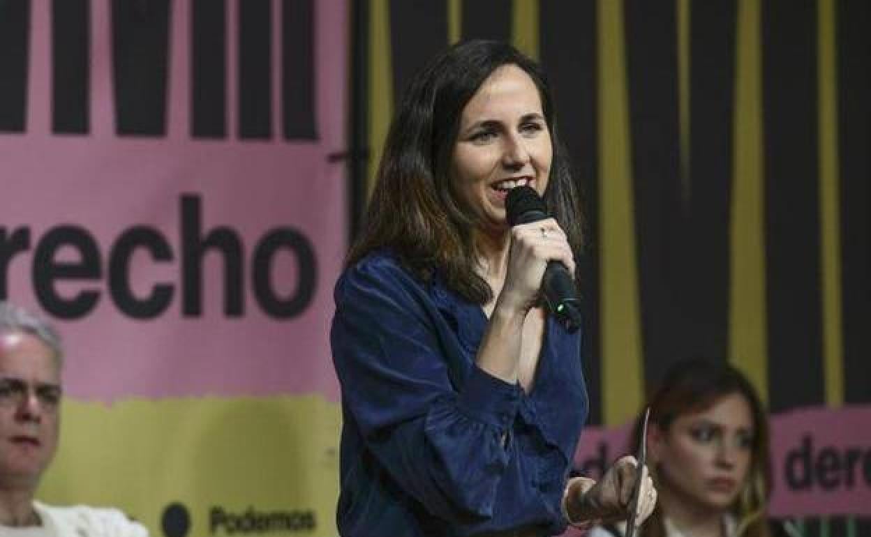 La secretaria general de Podemos, Ione Belarra, durante un acto este domingo en Madrid centrado en vivienda.