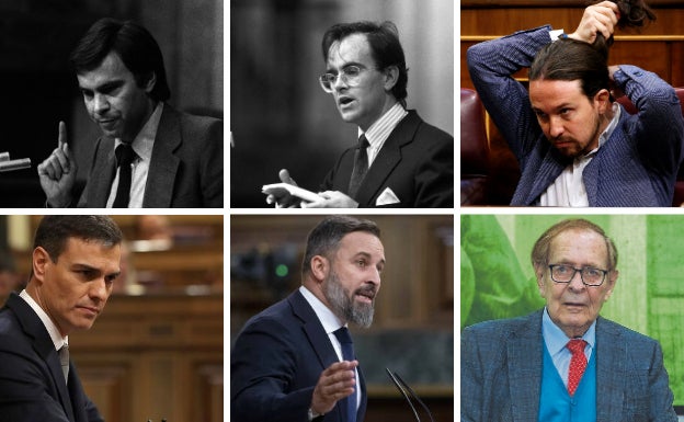 De izquierda a derecha y de arriba a abajo, Felipe González, Antonio Hernández Mancha, Pablo Iglesias, Pedro Sánchez, Santiago Abascal y Ramón Tamames.