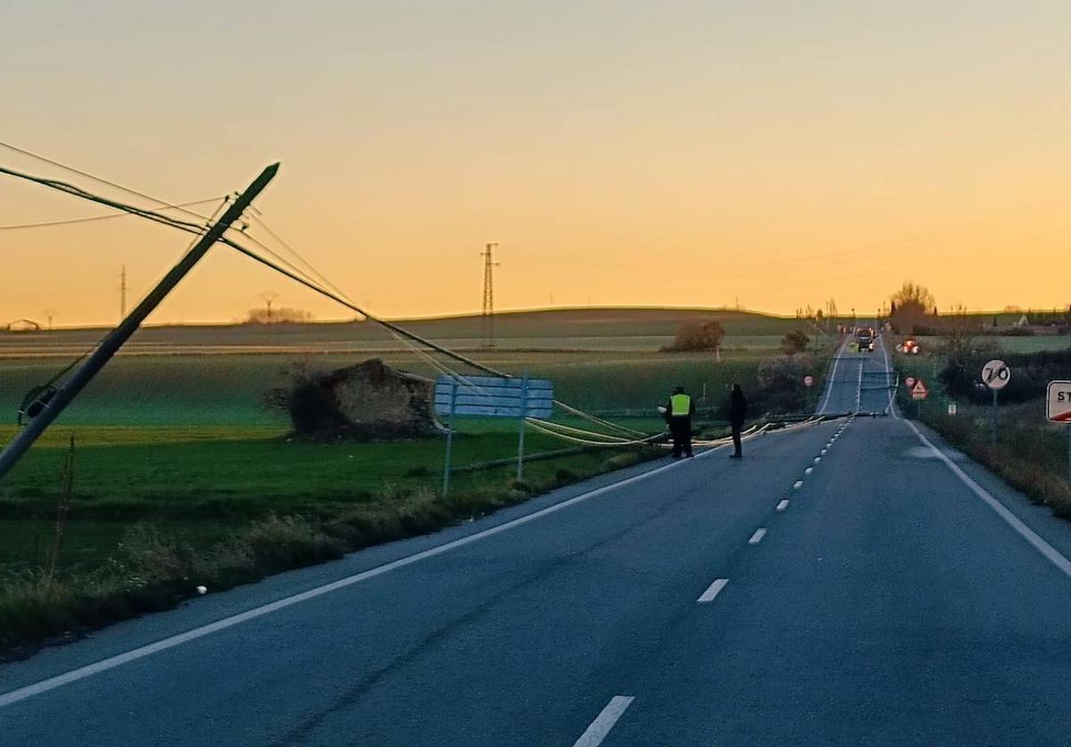 El derribo de los postes obligó a cortar la carretera entre Santo Domingo de la Calzada y Cirueña durante unas seis horas.