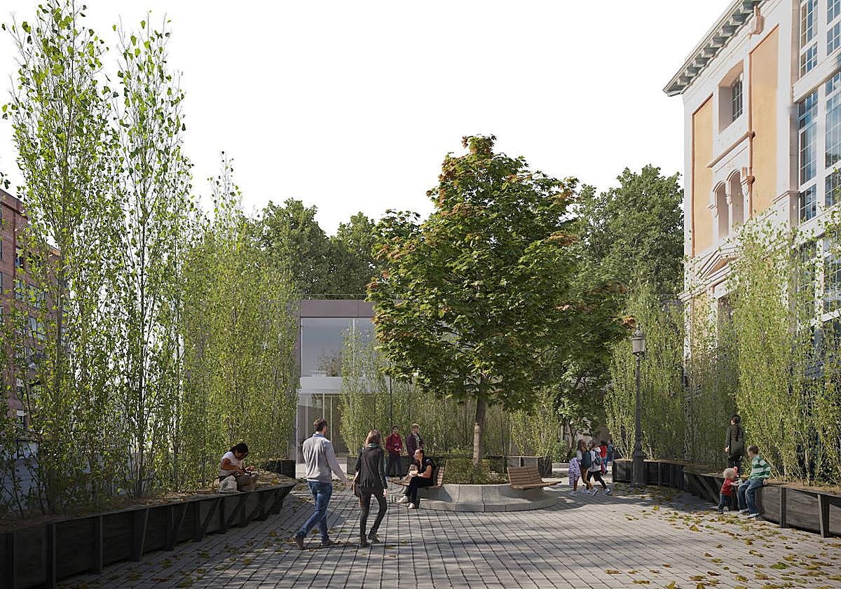 Imagen principal - Instalación de Francisco Javier García para la plaza de la Diversidad (arriba) y 'Palo de mayo', proyecto de JBVA para El Espolón logroñés. 