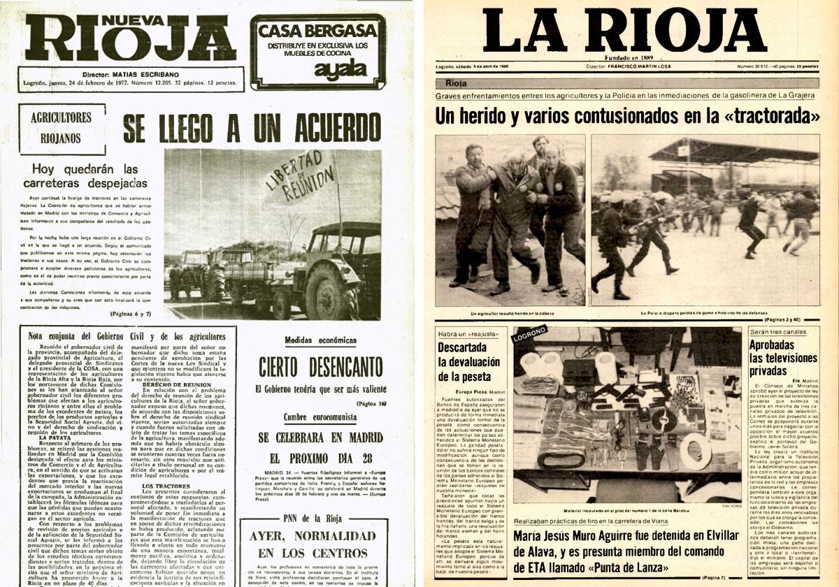 A la izquierda, febrero de 1977. El acuerdo con los agricultores incluía la libertad de reunión. A la derecha, abril de 1986. La tractorada acabó con incidentes y cargas policiales en La Grajera.