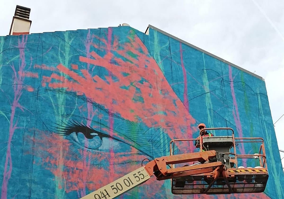 El artista Carlos Callizo pinta un mural en una fachada de Lardero. En detalle, Callizo saluda desde la grúa.