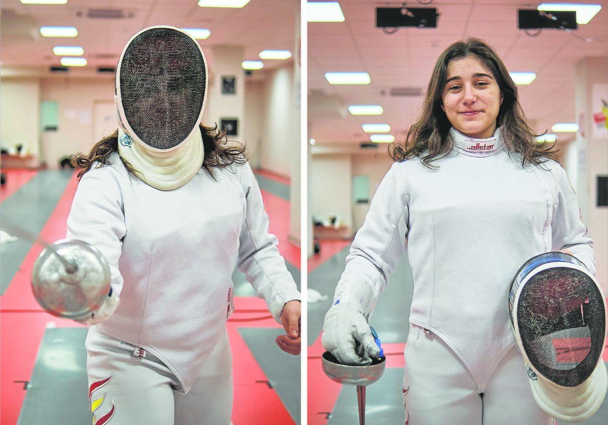 La esgrimista Lola Estévez, en guardia sobre la pista de Las Gaunas. A la derecha, sin la careta protectora.