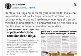 Puente vuelve a las redes sociales para zanjar la polémica: «La Rioja tiene todo el derecho a reclamar más»