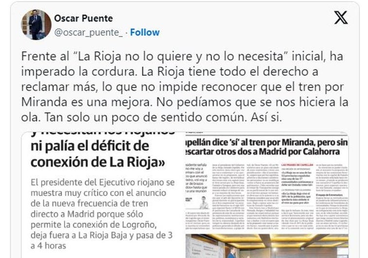 Puente vuelve a las redes sociales para zanjar la polémica: «La Rioja tiene todo el derecho a reclamar más»