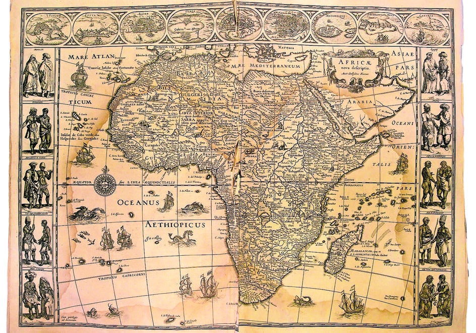 Mercator. Página doble dedicada a África, con gran detalle, en el Atlas de Gerardus Mercator.