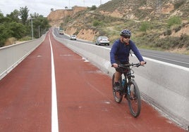 Un ciclista, este lunes, en dirección al polígono de Cantabria por el ciclocarril de la carretera de Mendavia.