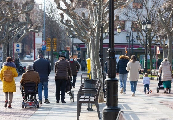 Personas mayores y familias con niños, de paseo por el Espolón, en Logroño.