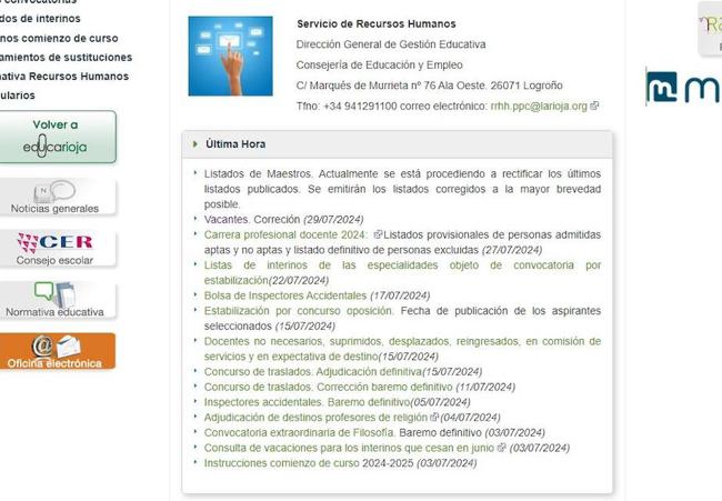 Aviso con el que Educación avisaba de que se estaba procediendo a rectificar los listados publicados.