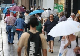 Paraguas abiertos para combatir a la lluvia en Logroño, este viernes.