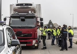 Un camionero realiza una prueba durante el control preventivo realizado por Guardia Civil de Tráfico, ayer en la carretera LR-443.