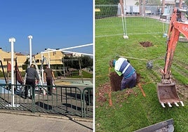 A la izquierda, la instalación de una vela de sombra en el parque de avenida de Madrid. A la derecha, trabajos en tierra para colocar una tirolina en Villa Patro.
